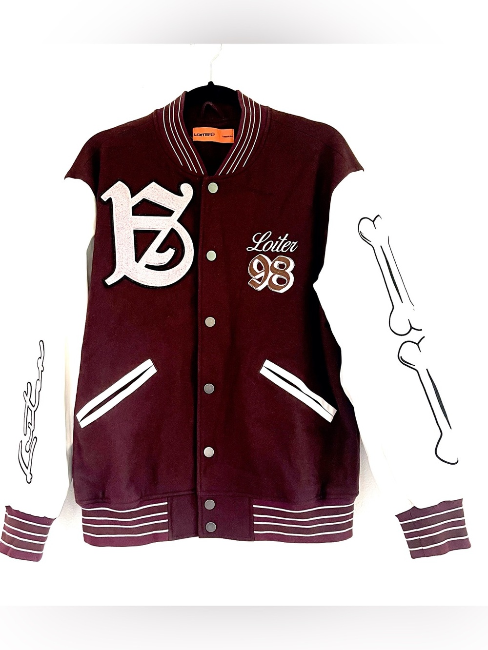 Loiter Women’s Ceremony Varsity Letter Jacket EUC Bones Y2K Burg/Off White SZ MD